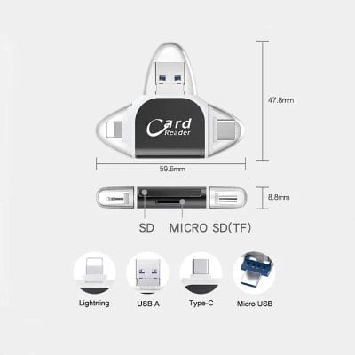 High-quality card reader compatible with USB A, Type-C, Micro USB, and SD cards - essential accessory for optometry professionals.