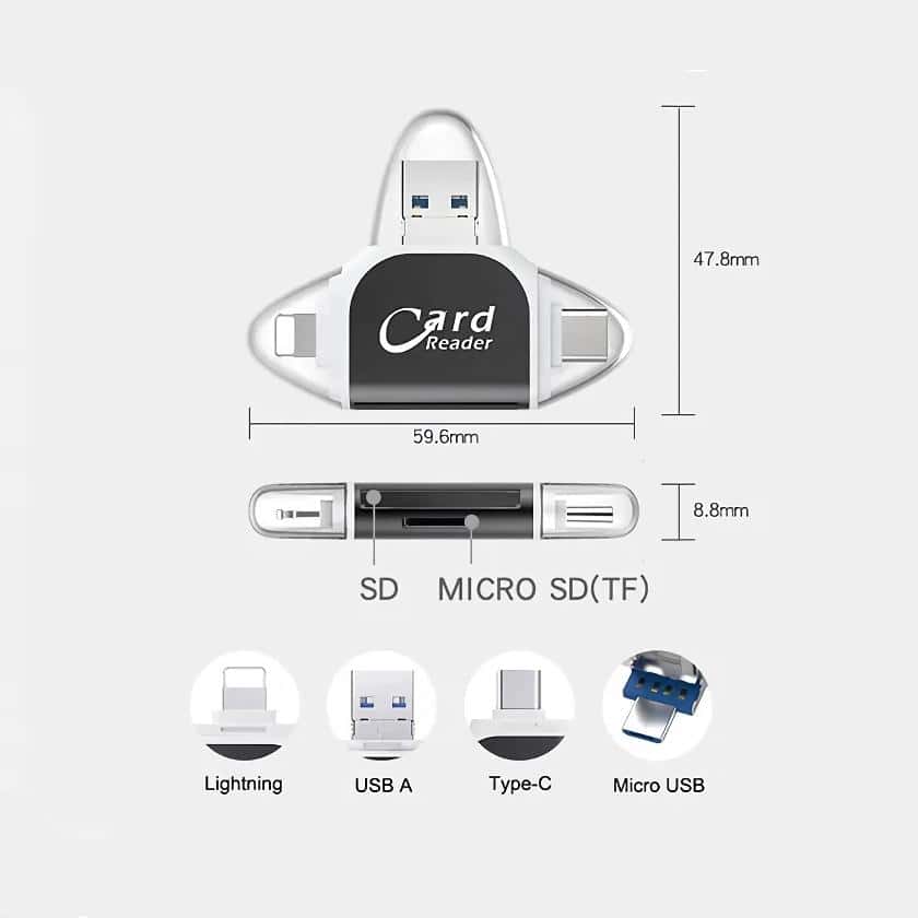 High-quality card reader compatible with USB A, Type-C, Micro USB, and SD cards - essential accessory for optometry professionals.