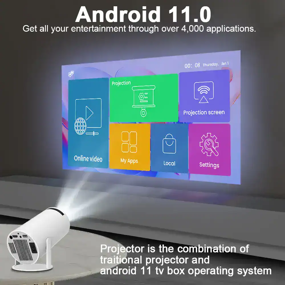 Android TV projector for entertainment and presentations.