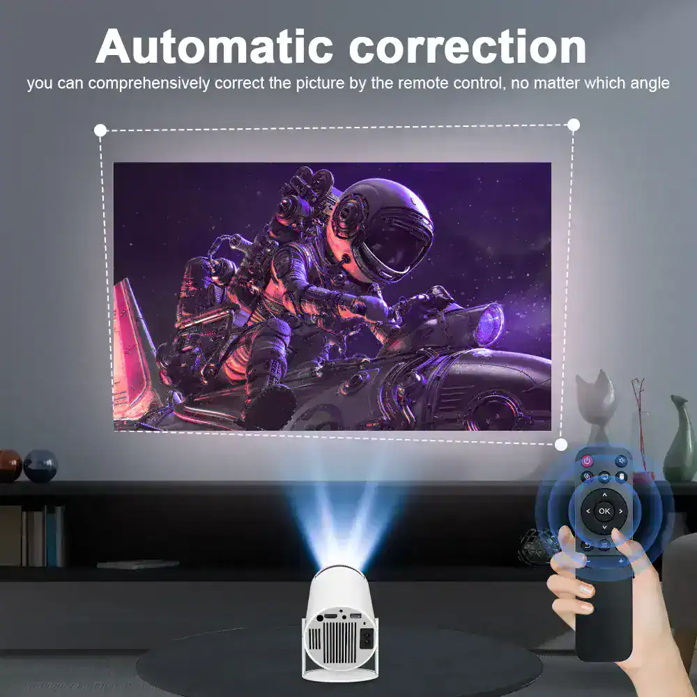 Elegant projector projecting bright, clear images onto the wall with remote control for easy operation, ideal for home entertainment and professional presentations.