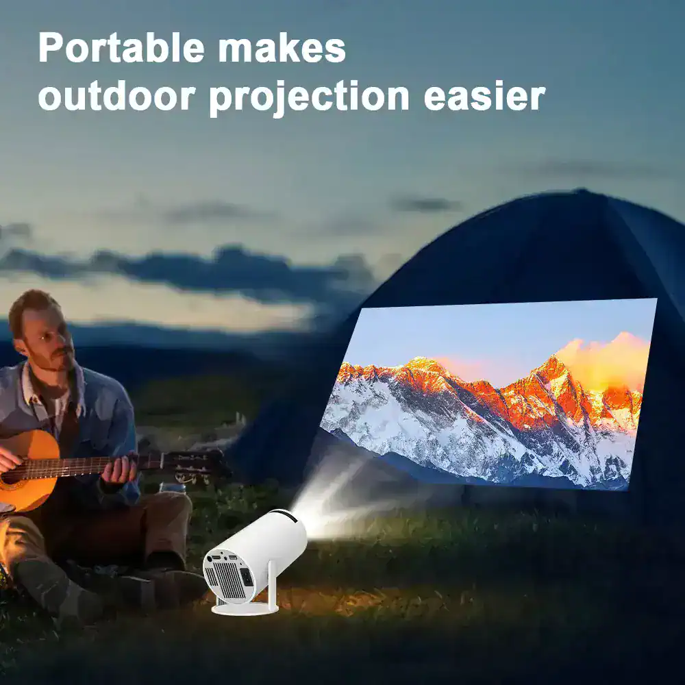 Lightweight outdoor projector for camping, movies, and presentations with high-quality image projection and portability for adventure and outdoor activities.