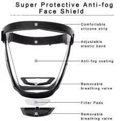 Anti-fog face shield for safety, eye protection, and clear vision. Features adjustable elastic band, comfortable silicone strip, anti-fog coating, and removable breathing valves for enhanced safety.