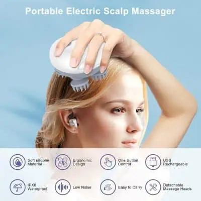 Portable electric scalp massager for relaxation and scalp care. Features ergonomic design, USB rechargeable, waterproof, low noise, adjustable massage heads, and easy to carry. Ideal for head and hair health.