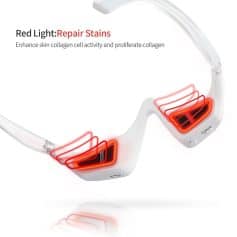 High-tech eye glasses with red light therapy targeting repair stains and enhancing collagen activity for better skin health. Ideal for eye care and anti-aging treatments.
