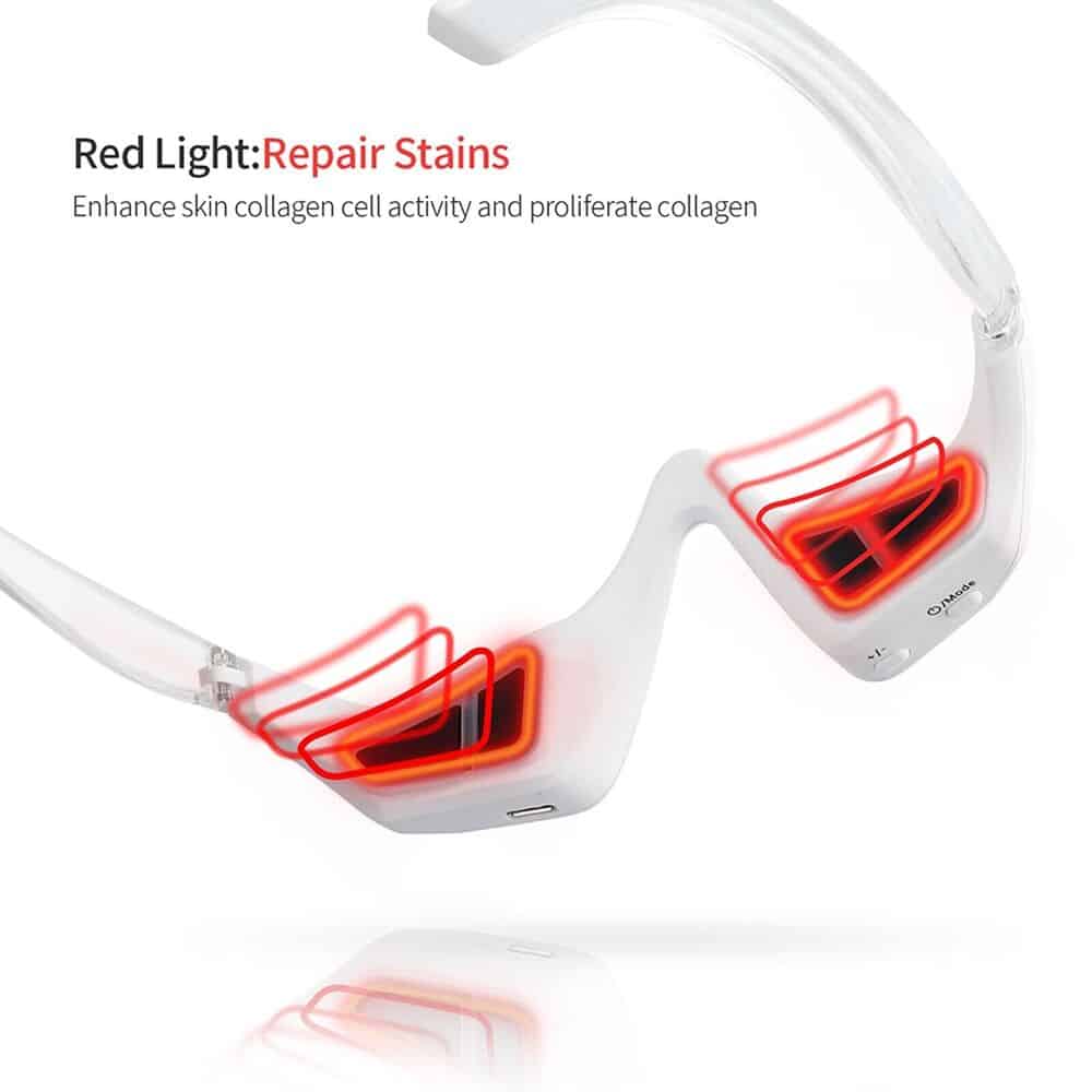 High-tech eye glasses with red light therapy targeting repair stains and enhancing collagen activity for better skin health. Ideal for eye care and anti-aging treatments.