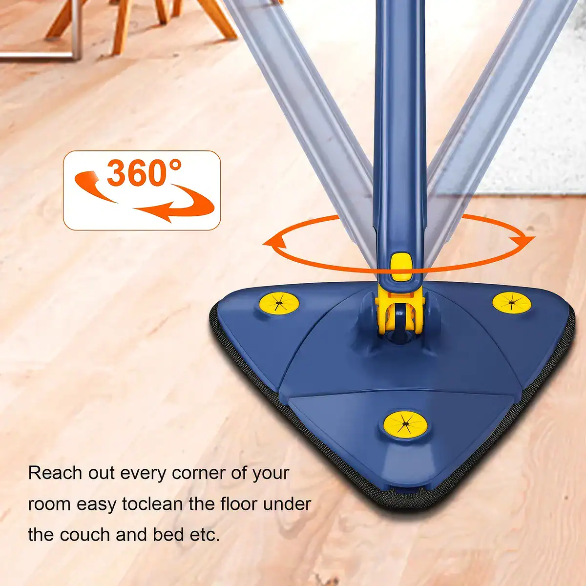 Easy-to-use 360-degree rotating mop with adjustable angle for efficient cleaning. Reach every corner under couches and beds, ideal for hardwood and tile floors.