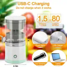 Efficient USB-C rechargeable juicer compatible with power bank, car charger, and laptop for effortless fresh juice anytime.
