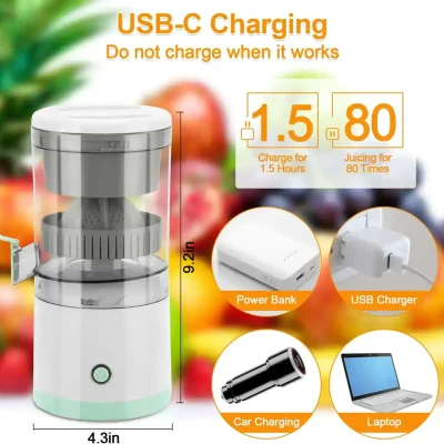 Efficient USB-C rechargeable juicer compatible with power bank, car charger, and laptop for effortless fresh juice anytime.