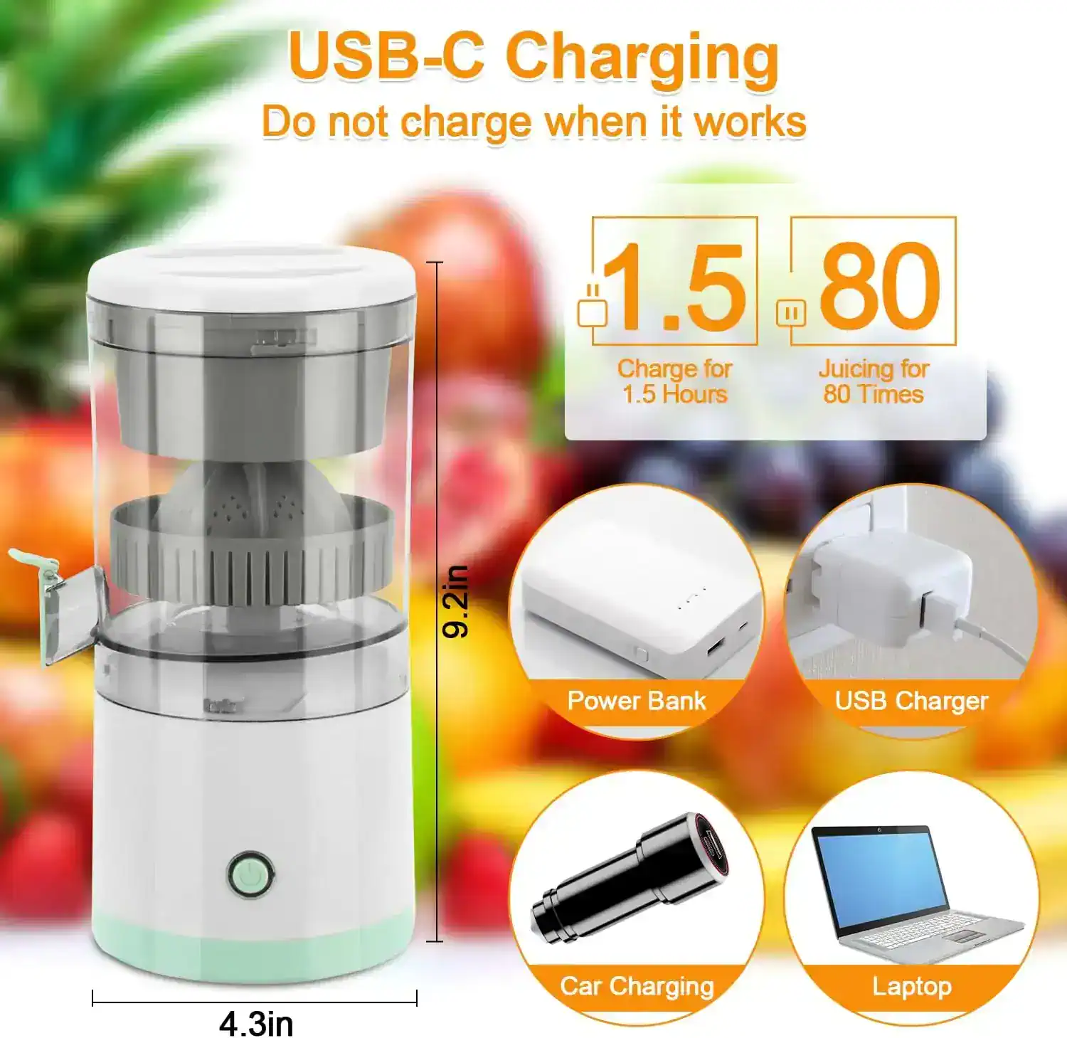 Efficient USB-C rechargeable juicer compatible with power bank, car charger, and laptop for effortless fresh juice anytime.