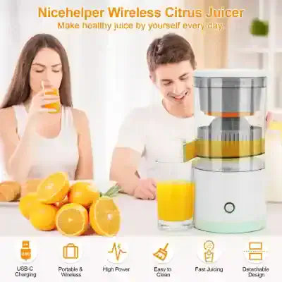 Portable wireless juicer with high power and USB-C charging. Easy to clean, fast juicing, and detachable design. Ideal for making fresh orange juice at home or on the go.