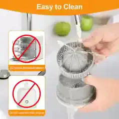 Automatic lemon juicer with easy-to-clean design, dishwasher safe components, perfect for home or commercial kitchens. Compact citrus squeezer for effortless juice making.