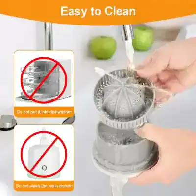 Automatic lemon juicer with easy-to-clean design, dishwasher safe components, perfect for home or commercial kitchens. Compact citrus squeezer for effortless juice making.
