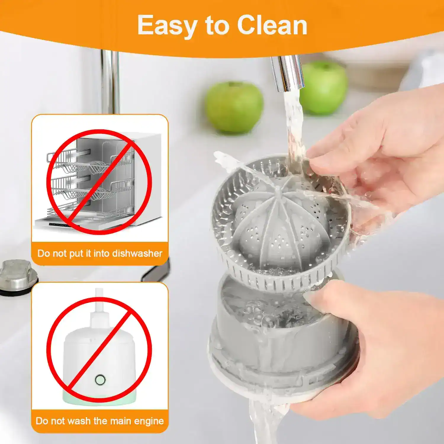 Automatic lemon juicer with easy-to-clean design, dishwasher safe components, perfect for home or commercial kitchens. Compact citrus squeezer for effortless juice making.