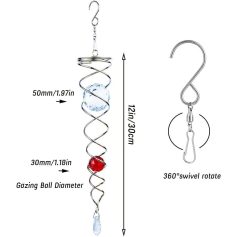 Decorative water wind chime with glass and metal design, ideal for garden or patio decor, featuring swirl shape, 30mm diameter eye, 12-inch height, and 360-degree swivel hook for easy hanging.