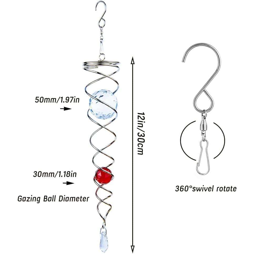 Decorative water wind chime with glass and metal design, ideal for garden or patio decor, featuring swirl shape, 30mm diameter eye, 12-inch height, and 360-degree swivel hook for easy hanging.