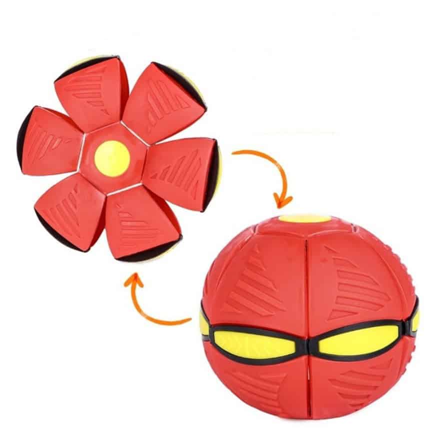 Bright red and yellow toy with expandable flower petals and spherical body, perfect for stimulating children's curiosity and motor skills.