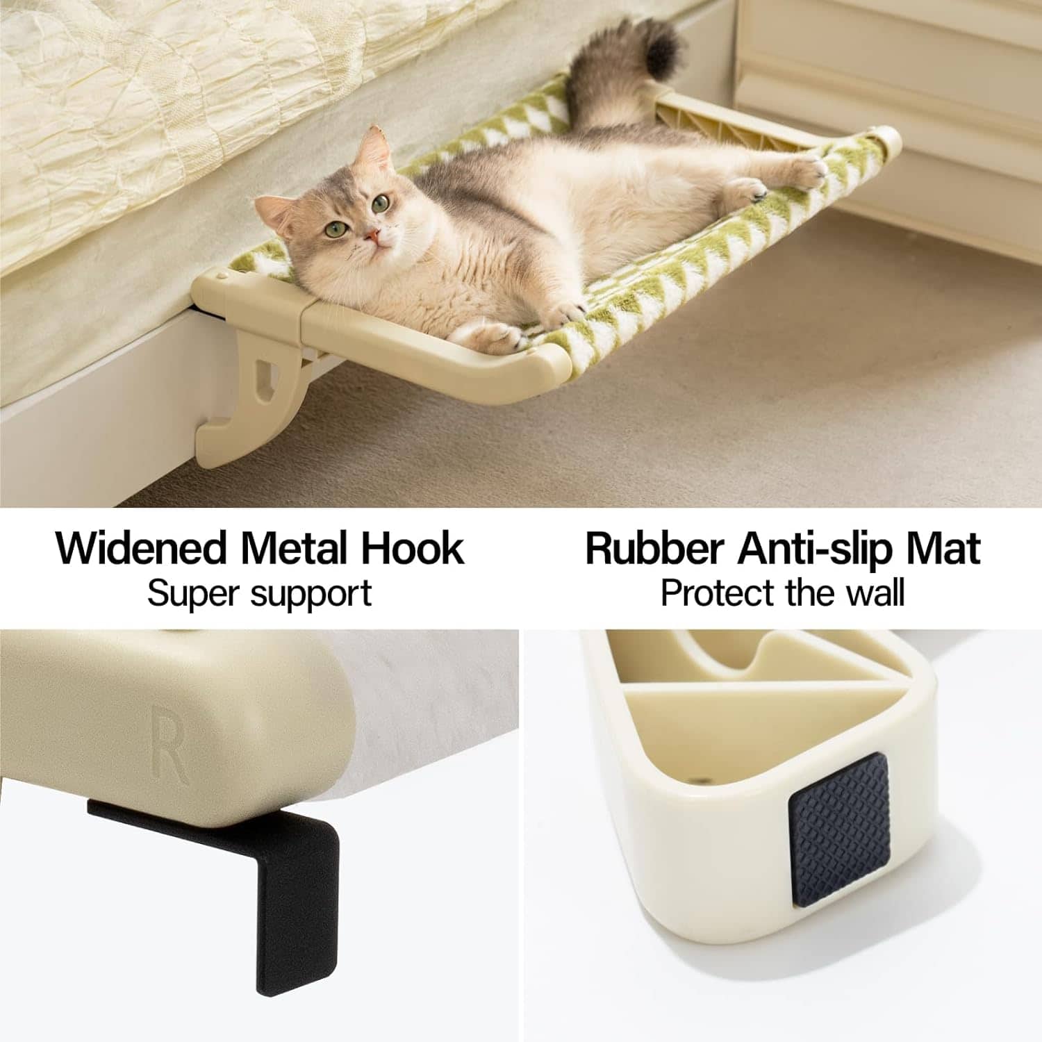 Pet hammock bed with widened metal hooks and anti-slip rubber mat for secure and cozy space.