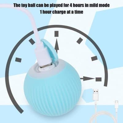 Blue toy ball featuring a charging cable and graphical clock background illustrating 4 hours of gentle play and 1-hour charging time, suitable for children and ergonomic design.