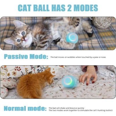 Blue and white electronic cat toy for pet entertainment, featuring passive and normal modes to stimulate cats’ hunting instincts and keep them engaged.