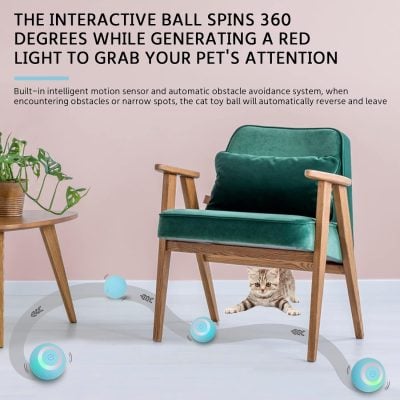An innovative cat toy featuring a rotating ball that generates red light at 360 degrees, designed to attract and engage cats with automatic obstacle avoidance and motion sensors for playful interaction.