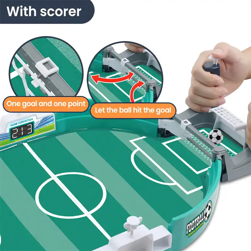 Interactive soccer table toy for kids and families, featuring goal scoring and rotating goals, perfect for indoor fun and family game night.