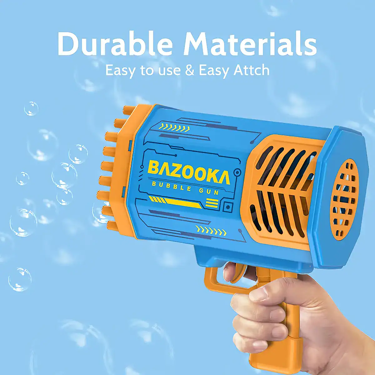 Bright blue and yellow bubble gun creating large bubbles for outdoor entertainment and children's water games. Safe, easy to use, perfect for summer fun and outdoor activities.