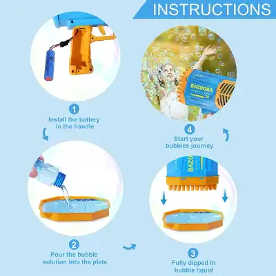 Bright blue and orange bubble gun with instructions for safe use and fun bubble creation.