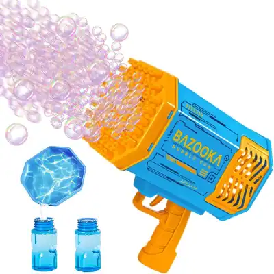 Colorful bubble gun releasing numerous bubbles in bright blue and orange colors. Perfect for kids' outdoor play, featuring easy-to-use design and vibrant visuals.
