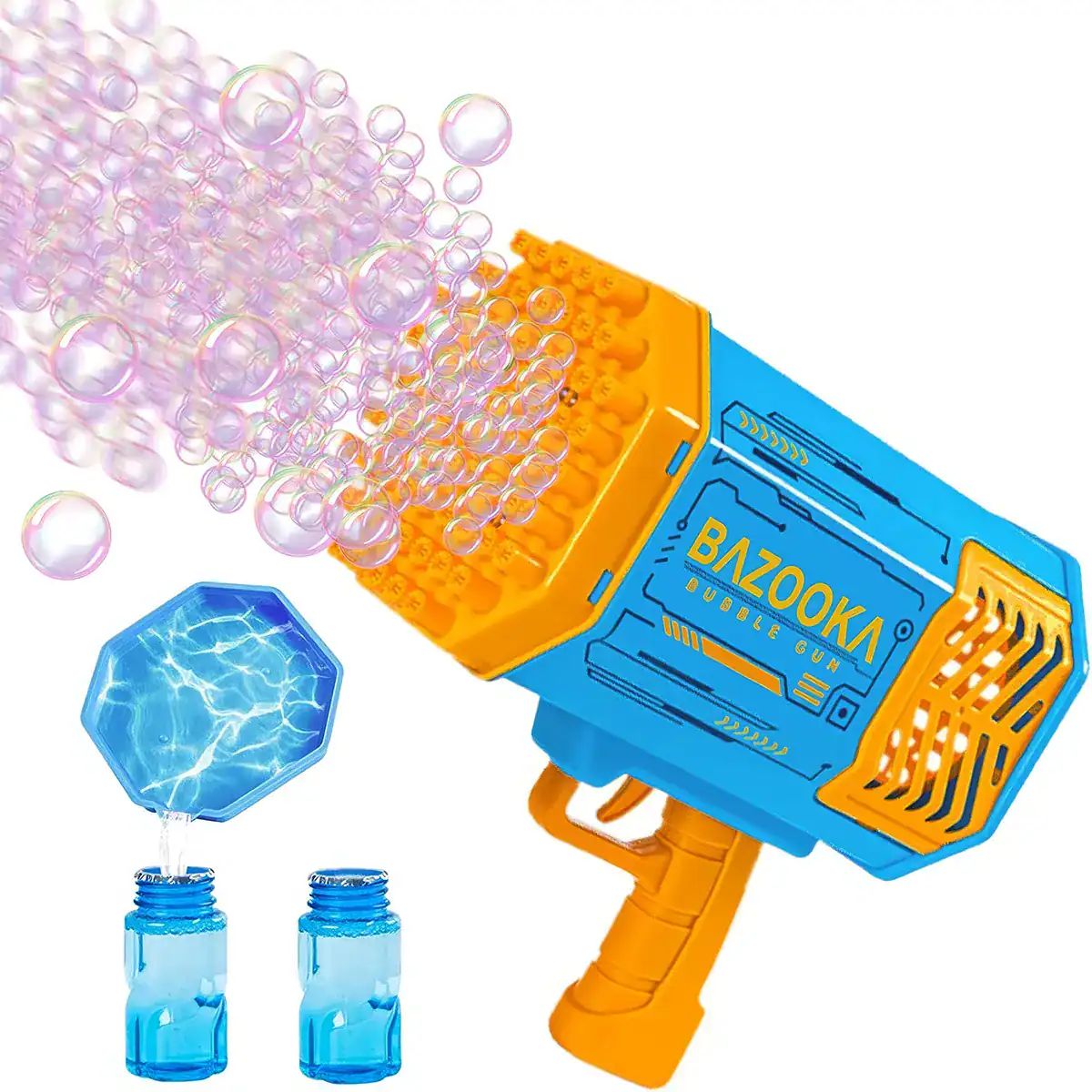Colorful bubble gun releasing numerous bubbles in bright blue and orange colors. Perfect for kids' outdoor play, featuring easy-to-use design and vibrant visuals.