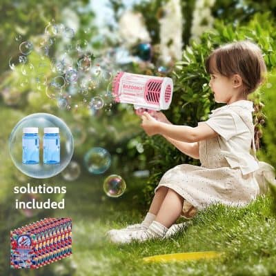 A young girl enjoying outdoor play with a kids' bubble gun, capturing colorful bubbles. Perfect for kids' entertainment and outdoor activities, featuring bubble solutions included for endless fun.