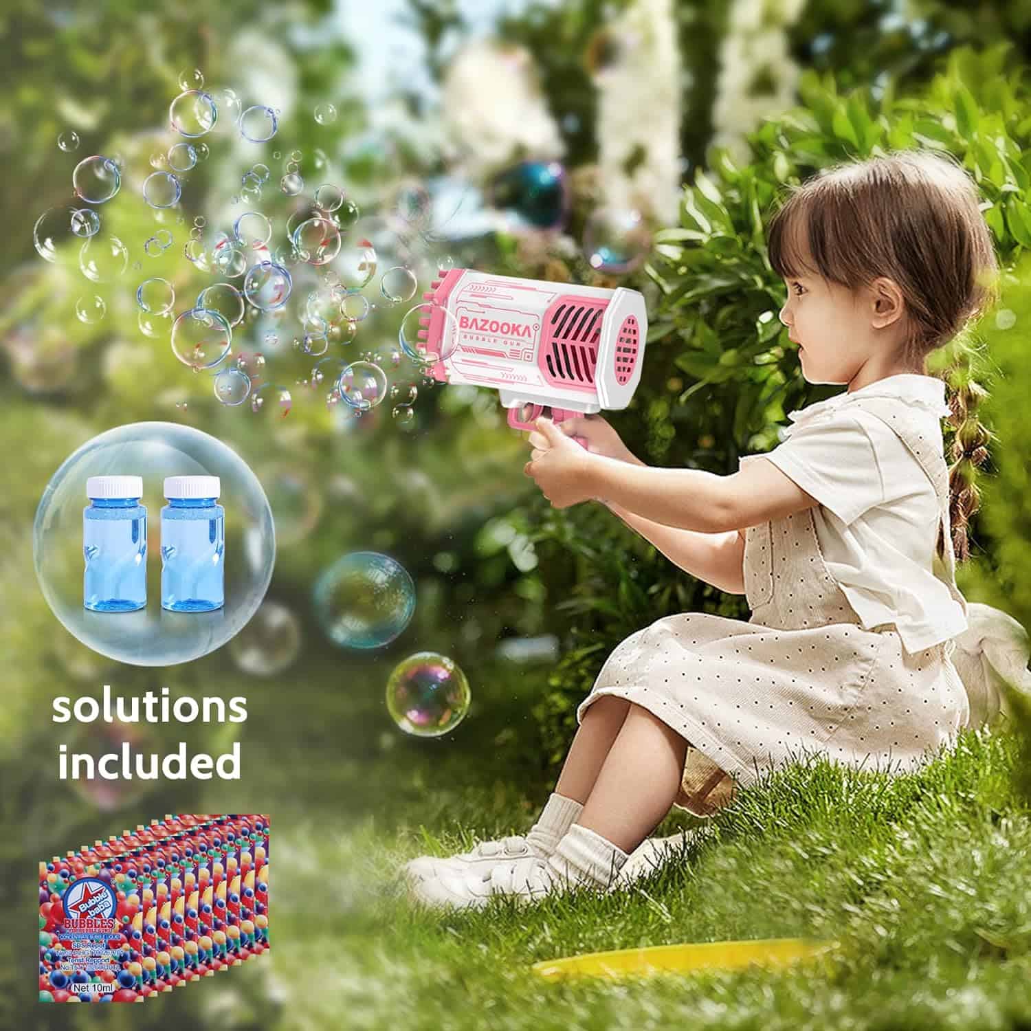 A young girl enjoying outdoor play with a kids' bubble gun, capturing colorful bubbles. Perfect for kids' entertainment and outdoor activities, featuring bubble solutions included for endless fun.