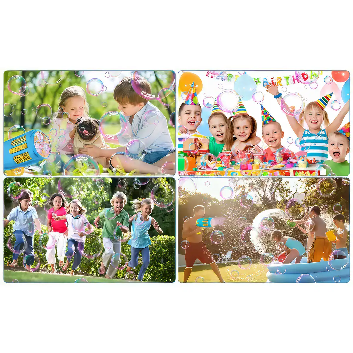 Colorful Kids Party and Outdoor Kids Play Celebrations with Bubbles and Toys.