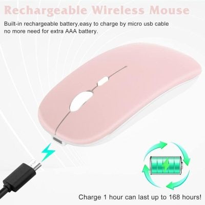 Wireless rechargeable computer mouse with built-in battery, USB charging, and ergonomic design for comfortable use. Perfect for home and office work.