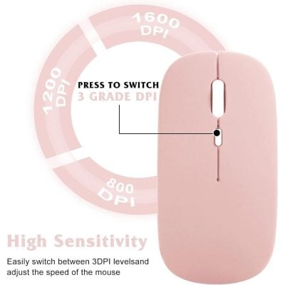 Pink wireless mouse with DPI switch, ideal for seamless navigation and high sensitivity, perfect for office and gaming professionals.