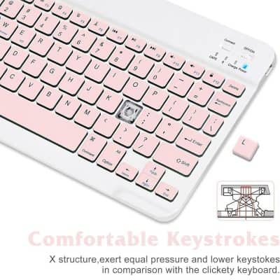 Pink keyboard with ergonomic design for comfortable typing and eye protection – perfect for office or personal use.