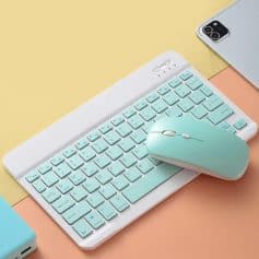 Wireless keyboard and mouse combo in pastel blue for comfortable typing and navigation, perfect for office, home, or study environments.