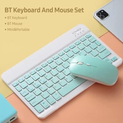 Light blue wireless keyboard and mouse set, compact and portable for office or home use. Perfect combo for comfortable typing and smooth navigation.