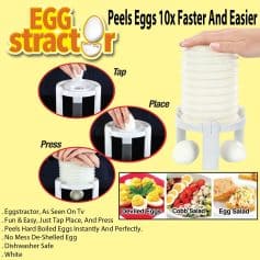 Efficient egg peeler for hard and soft boiled eggs, easy to use with a tap, place, and press design, dishwasher safe, perfect for deviled eggs, salads, and breakfast preparation.