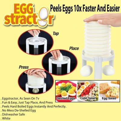 Efficient egg peeler for hard and soft boiled eggs, easy to use with a tap, place, and press design, dishwasher safe, perfect for deviled eggs, salads, and breakfast preparation.