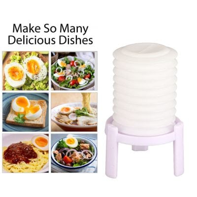 Image features a stack of dishes on a modern dish warmer, surrounded by fresh salads, eggs, pasta, and ramen, highlighting versatile kitchen appliances for preparing and serving various meals efficiently.