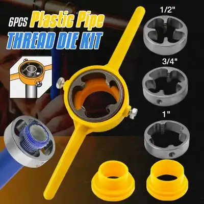 High-quality plastic pipe thread die kit with various sizes for plumbing and DIY projects. Includes 6 pieces of durable pipe fittings, size options 1/2", 3/4", and 1", for precise thread cutting.