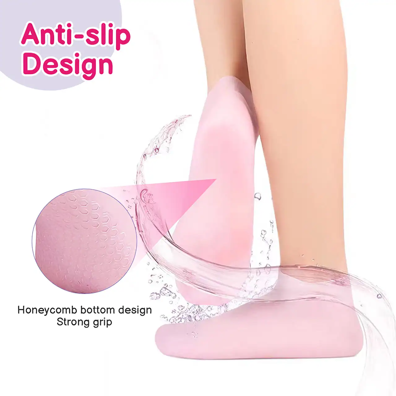 Pink anti-slip gel toe separator for bunions, overlapping toes, and foot pain relief with honeycomb grip bottom for stability and comfort.