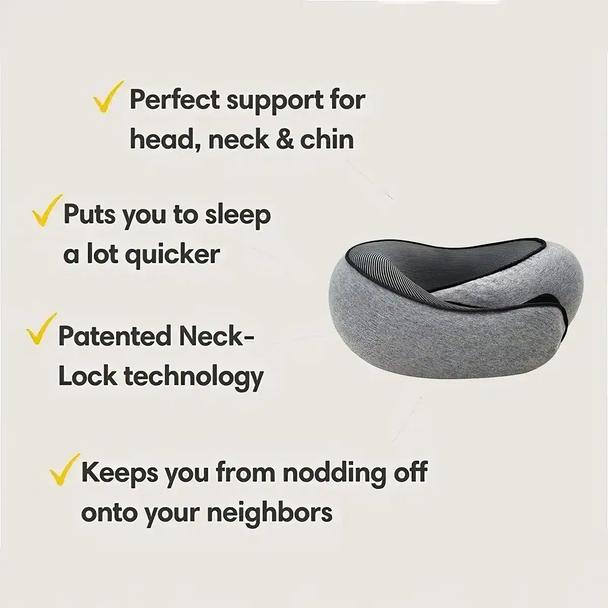 Optical support neck cushion for head, neck, and chin relief, designed for better sleep and comfort, featuring patented neck-lock technology for ergonomic benefits.