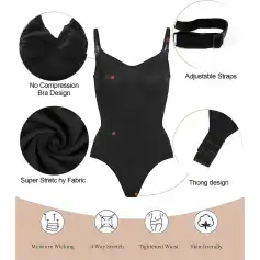 Black tummy control shapewear with adjustable straps, super stretch fabric, no compression bra design, thong style, moisture-wicking, 4-way stretch, tight waist, skin-friendly for women.