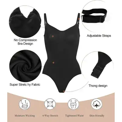 Black tummy control shapewear with adjustable straps, super stretch fabric, no compression bra design, thong style, moisture-wicking, 4-way stretch, tight waist, skin-friendly for women.