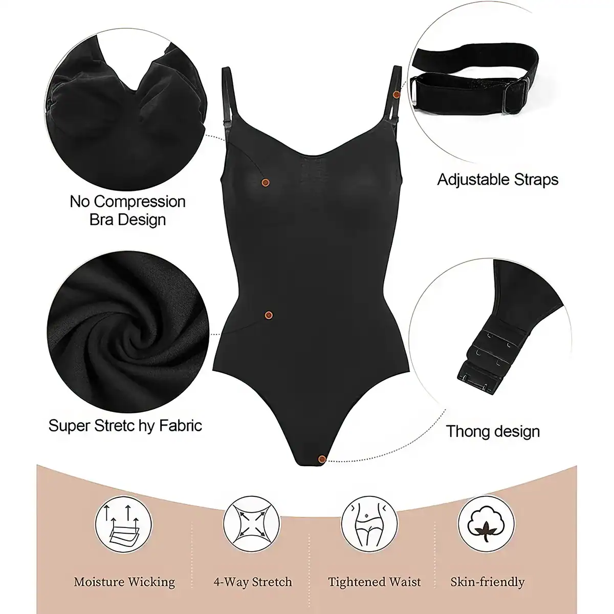 Black tummy control shapewear with adjustable straps, super stretch fabric, no compression bra design, thong style, moisture-wicking, 4-way stretch, tight waist, skin-friendly for women.