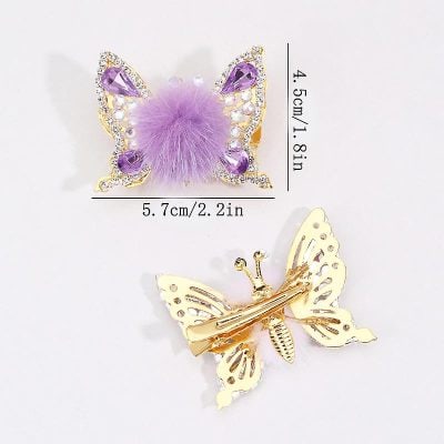 Adorable butterfly hair clips with purple fluffy pom-poms and rhinestones, perfect for kids and women's accessories, stylish and lightweight for all hair types.