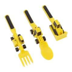 A compact yellow mini tool set with a small fork, spatula, and scooper, ideal for precise work or toy use. Durable plastic construction with black textured grips for easy handling. Perfect for crafts or educational activities.