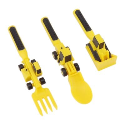A compact yellow mini tool set with a small fork, spatula, and scooper, ideal for precise work or toy use. Durable plastic construction with black textured grips for easy handling. Perfect for crafts or educational activities.