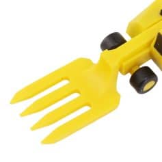 Bright yellow mini gardening fork toy with black wheels, perfect for children to explore gardening and outdoor activities. Durable plastic construction with moving wheels enhances imaginative play.